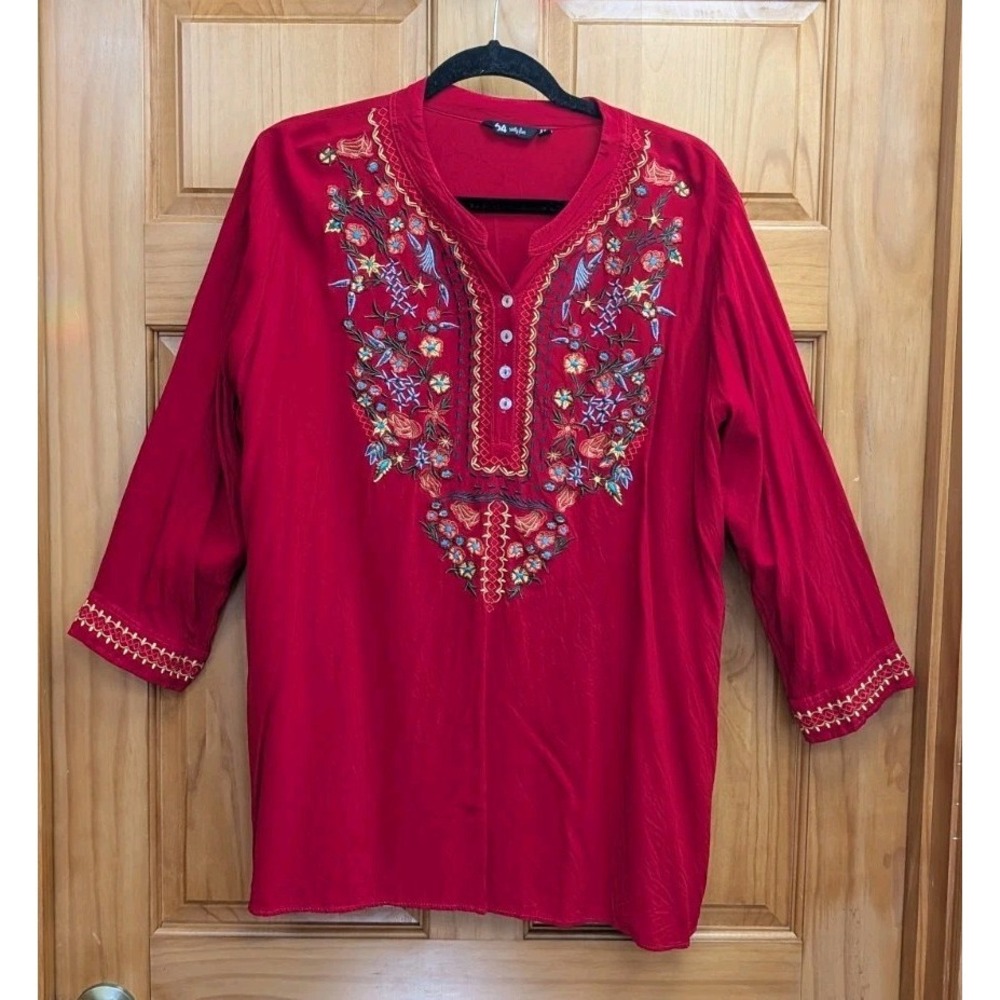 64 Sixty-Five Women's XXL Tunic Shirt Red Button Front Embroidered Long Sleeves